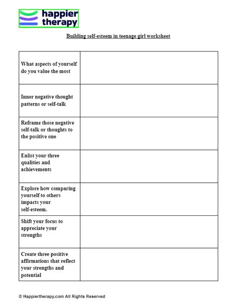 Building Self Esteem In Teenage Girl Worksheet Happiertherapy