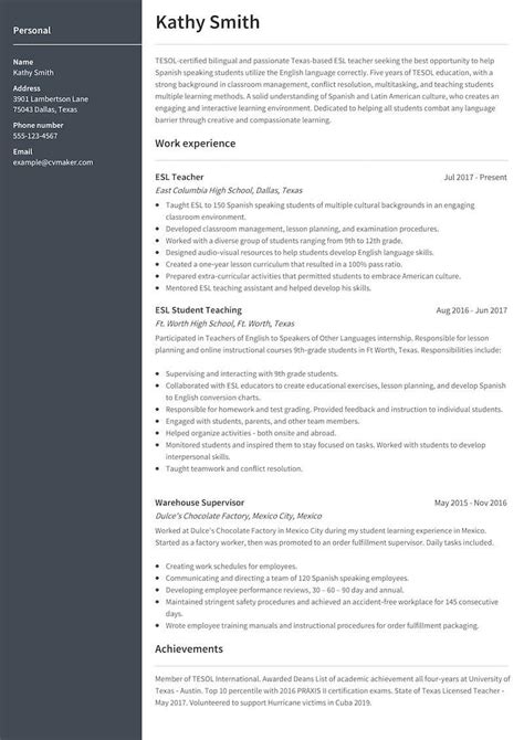 Esl Teacher Resume Examples Writing Guide Cvmaker