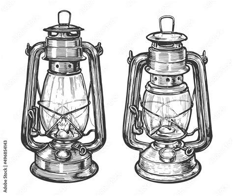 Kerosene Lamp Sketch Vector Oil Lantern Drawn In Vintage Engraving