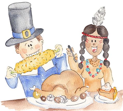 130 Cartoon Native American And Pilgrim Thanksgiving Day Stock