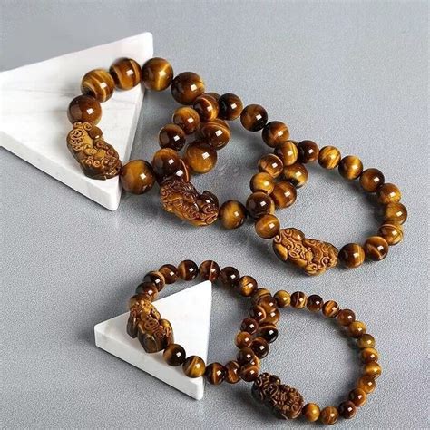 Natural Yellow Tiger Eye Gemstone Round Bead Pixiu Stretch Bracelet