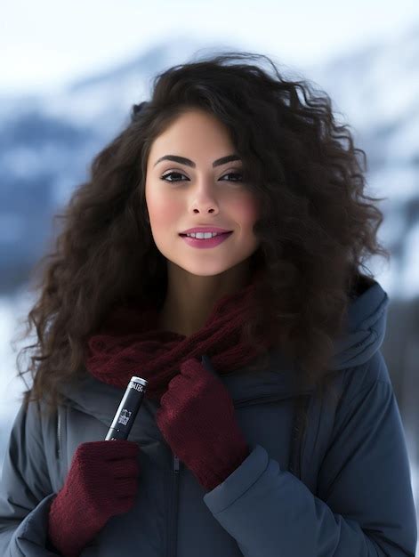 Premium AI Image Photo Of Brunette Canadian Woman Holding A Lip Balm Snowy Mountain Pe Concept