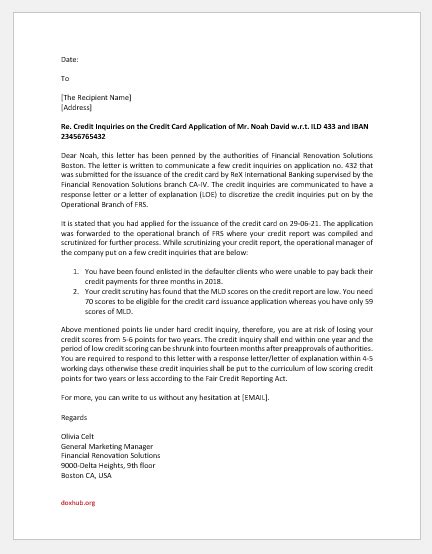 Letter Of Explanation For Credit Inquiry