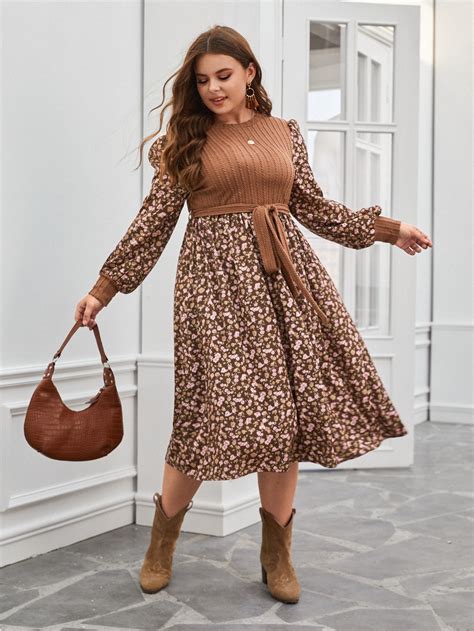 SHEIN Privé Plus Floral Print Lantern Sleeve Belted Dress SHEIN UK