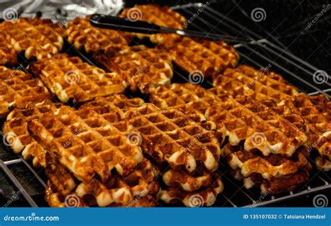 Freshly Baked Tasty Sweet Traditional Belgian Waffles Stock Photo