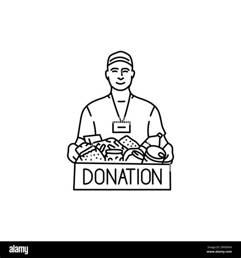 Smiling Male Volunteer With Food In Box Black Line Icon Donation Food