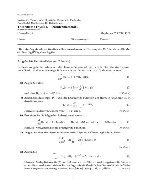 Theoretische Physik D Quantenmechanik I