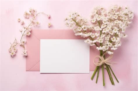 Premium Photo A Pink Envelope With A White Card And Some White Flowers