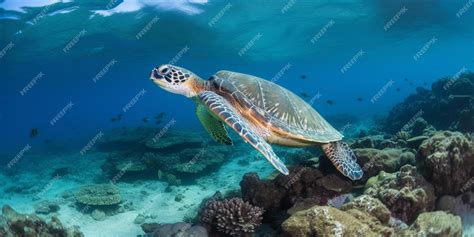 Premium AI Image | A turtle swims over a coral reef.