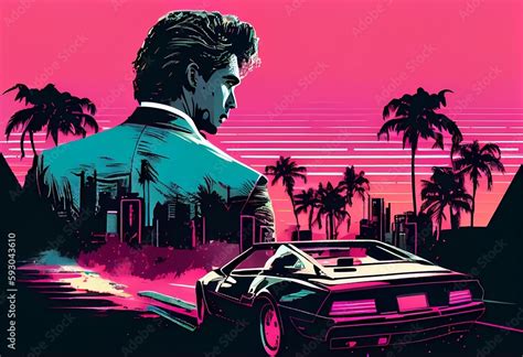 Retro Wave Vice Miami Fashioned Man Near Retro Sport Car Sunset Scene