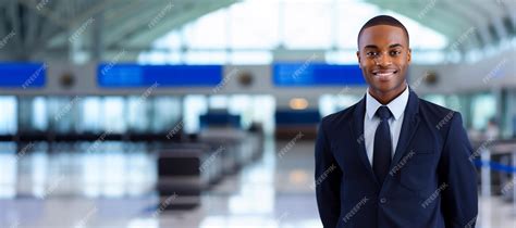 Premium AI Image | African American male flight attendant in uniform in ...