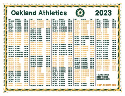 Printable 2023 Oakland Athletics Schedule