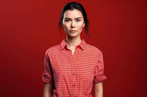 Premium Photo | Portrait of a beautiful young woman in a red shirt on a red background