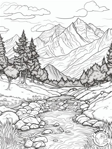 A Coloring Book Page With Mountains Trees And A Stream In The Middle Of It