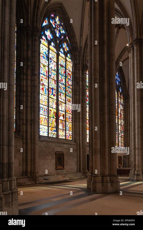 Colonnade And Stained Glass Of The Cologne Cathedral Germany Stock