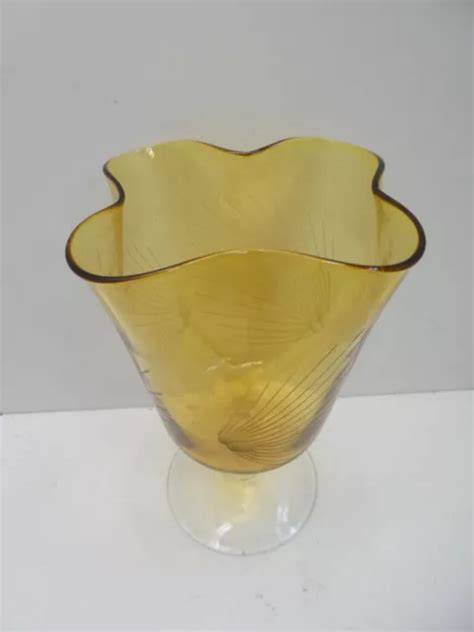 Art Glass Italian Mid Century Vintage Etched Amber Glass Stem Vase Bowl