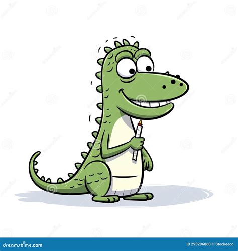 Simplistic Cartoon Crocodile Holding A Pencil White Background Stock