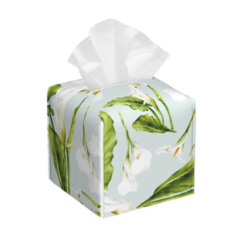 Leather Tissue Box Cover - Calla Lily Flowers Light Blue Tissue Box