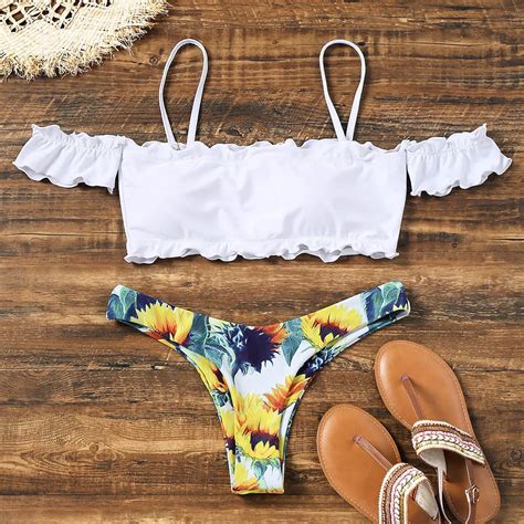 Mortonpart Sunflower Off Shoulder Lettuce Hem Bikini Swimwear 2018 Push