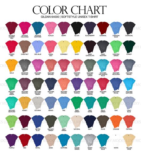 Editable Color Chart Gildan 64000 G640 70 Colors As Individual Etsy