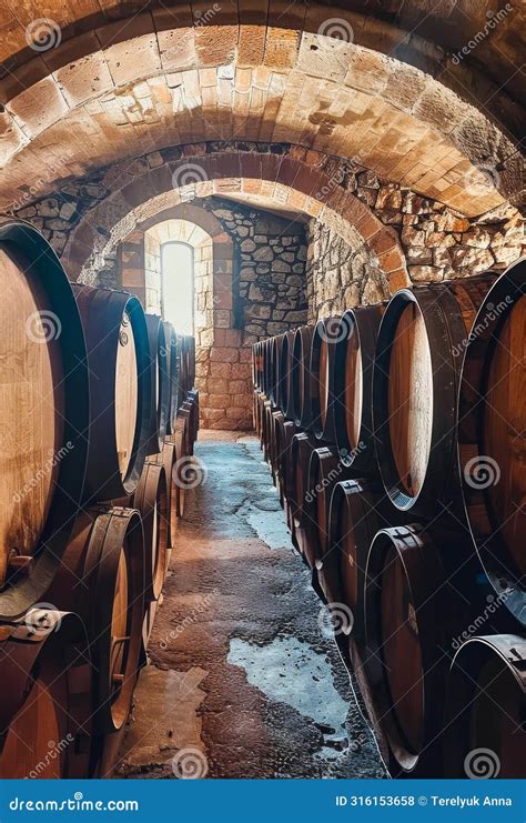 Wine Barrels Stacked In The Old Cellar Of The Winery Stock Photo