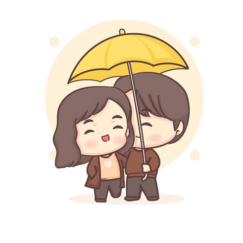 Cute Lovers Couple Under Umbrella Happy Valentine Chibi Cartoon Character 9390033 Vector Art