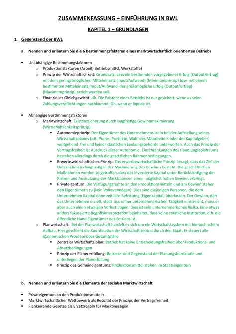 Zusammenfassung ZUSAMMENFASSUNG EINFÜHRUNG IN BWL KAPITEL 1