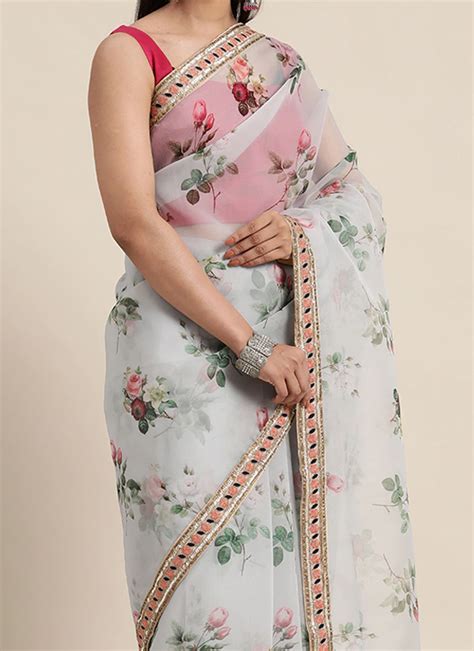 Buy Grey Organza Digital Printed Saree N Pink Blouse Festive Wear