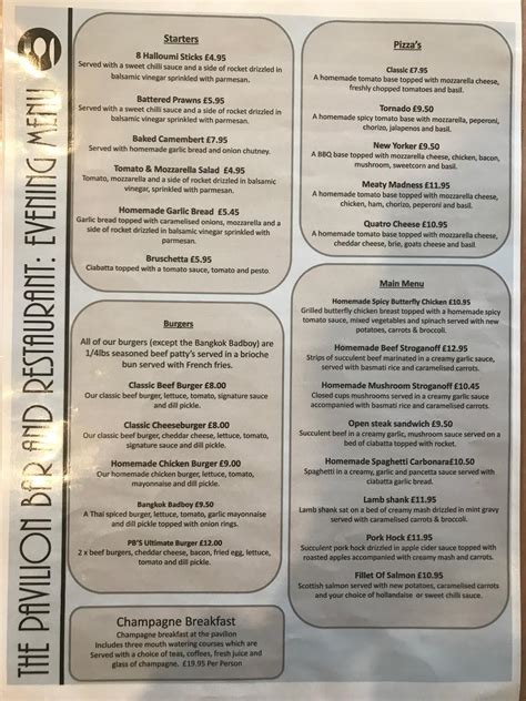 Menu At The Pavilion Bar And Restaurant Oakthorpe And Donisthorpe