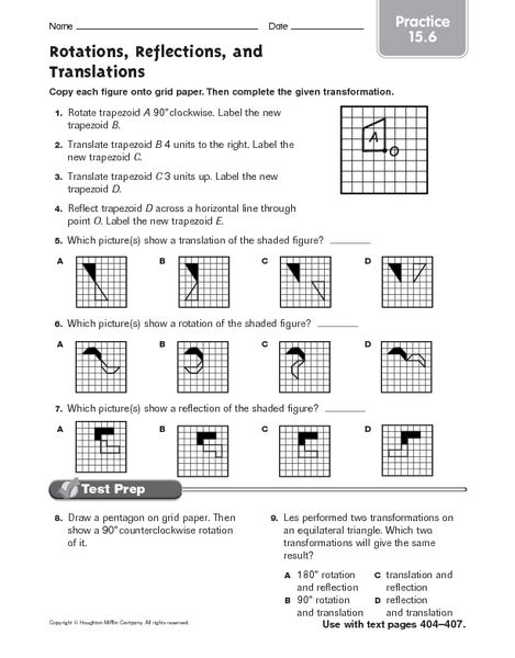 Rotations Reflections And Translations Worksheet For 6th 7th Grade