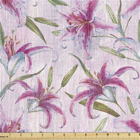 Ambesonne Floral Fabric By The Yard Lily Flowers Vintage Grunge