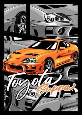 Orange Car Toyota Supra Poster Picture Metal Print Paint By