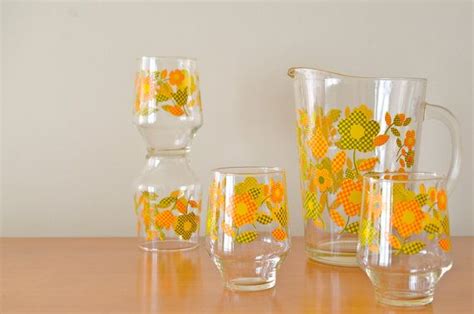 1960s Bright Yellow And Orange Daisy Drinking Glasses And Pitcher Set By Scissorsandspice 25 00