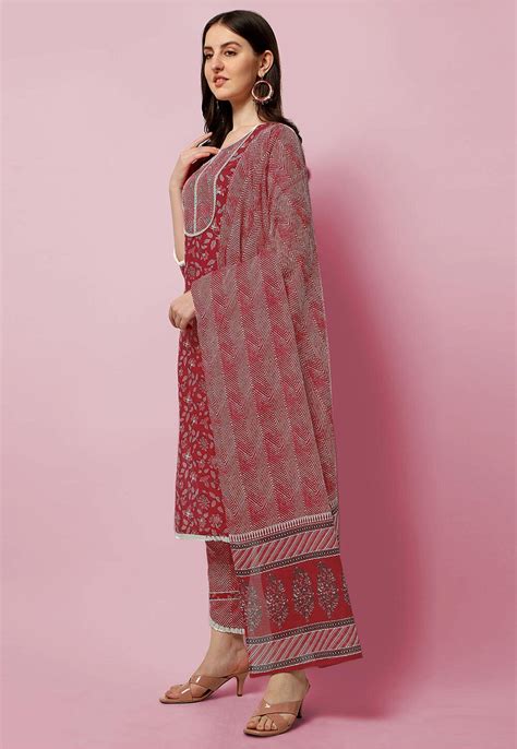 Buy Sanganeri Printed Pure Cotton Pakistani Suit In Coral Red Online