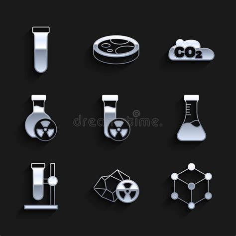 Set Test Tube With Toxic Liquid Radioactive Molecule Flask On Stand