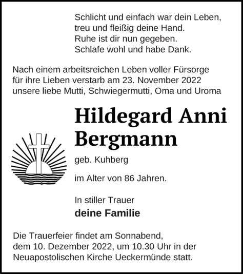 Traueranzeigen Von Hildegard Anni Bergmann Trauer Nordkurier