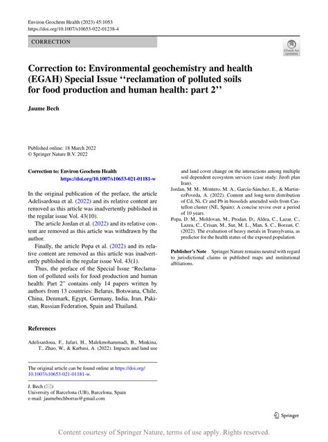 Correction To Environmental Geochemistry And Health Egah Special