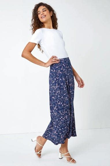 Roman Navy Floral Print Elastic Waist Midi Stretch Skirt Matalan