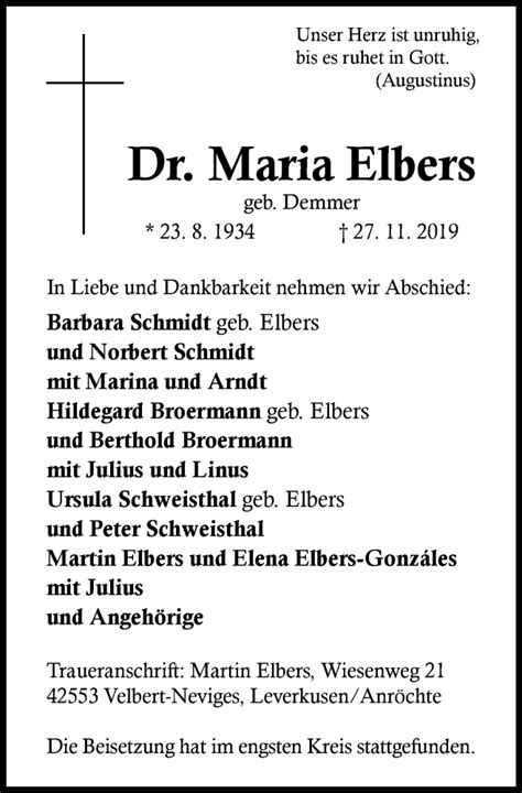 Traueranzeigen Von Maria Elbers Trauer In NRW De