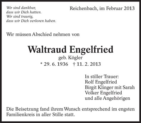 Traueranzeigen Von Waltraud Engelfried Zeit Des Gedenkens De