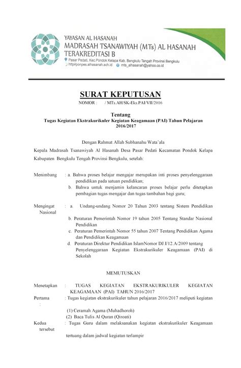 Contoh Surat Keputusan Kegiatan Ekstrakurikuler Keagamaan Imagesee