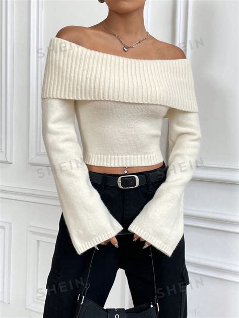 Shein Ezwear Foldover Off Shoulder Trumpet Sleeve Crop Sweater Shein Usa