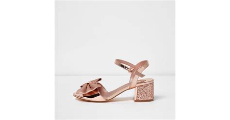 River Island Rose Gold Metallic Bow Block Heel Sandals In Pink Lyst Uk