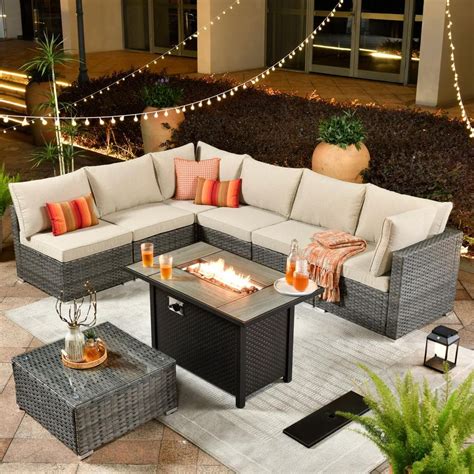 Weaxty W Daffodil A Gray 8 Piece Wicker Patio Rectangular Fire Pit