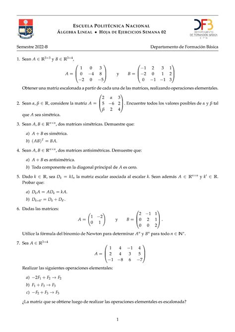 Hoja De Ejercicios Aa Semana Escuela Polit Cnica Nacional Lgebra