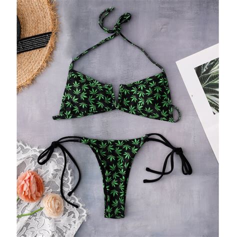 Gnim Sexy V Neck Bikini Set Tree Leaf Print Bandeau Swimwear Women