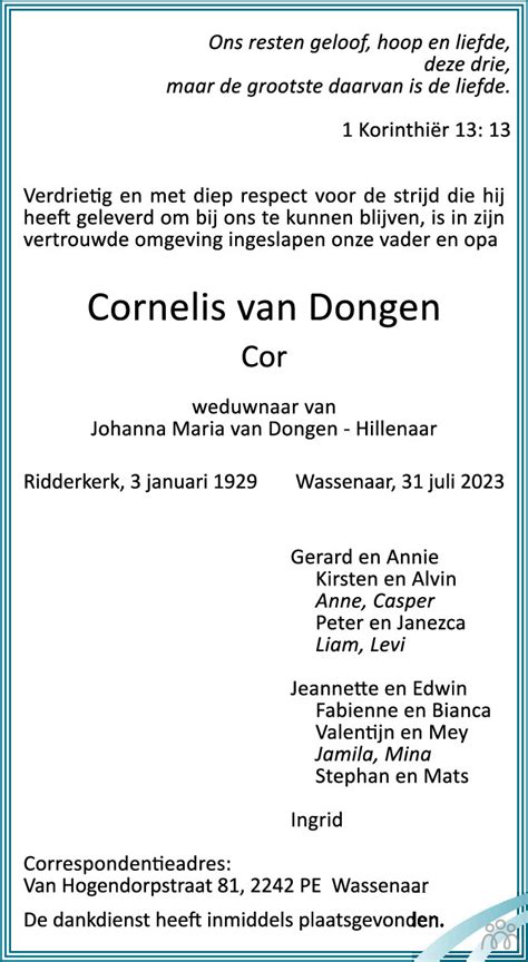 Cor Cornelis Van Dongen Overlijdensbericht En Condoleances