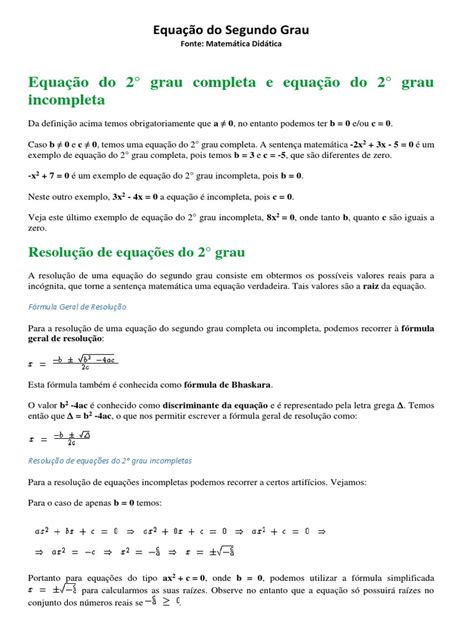 Equação Do Segundo Grau Pdf Equações Equação Quadrática