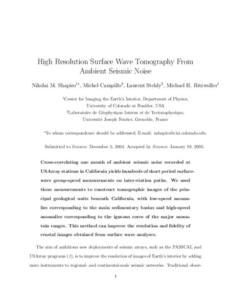 Pdf High Resolution Surface Wave Tomography From Ambient Seismic Noise Michel Campillo