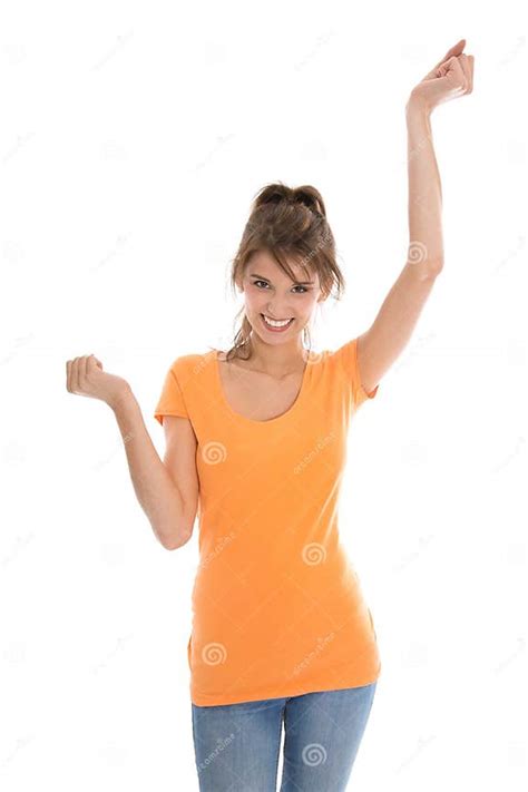 Cheering Young Woman With Hands Up In The Air Stock Image Image Of